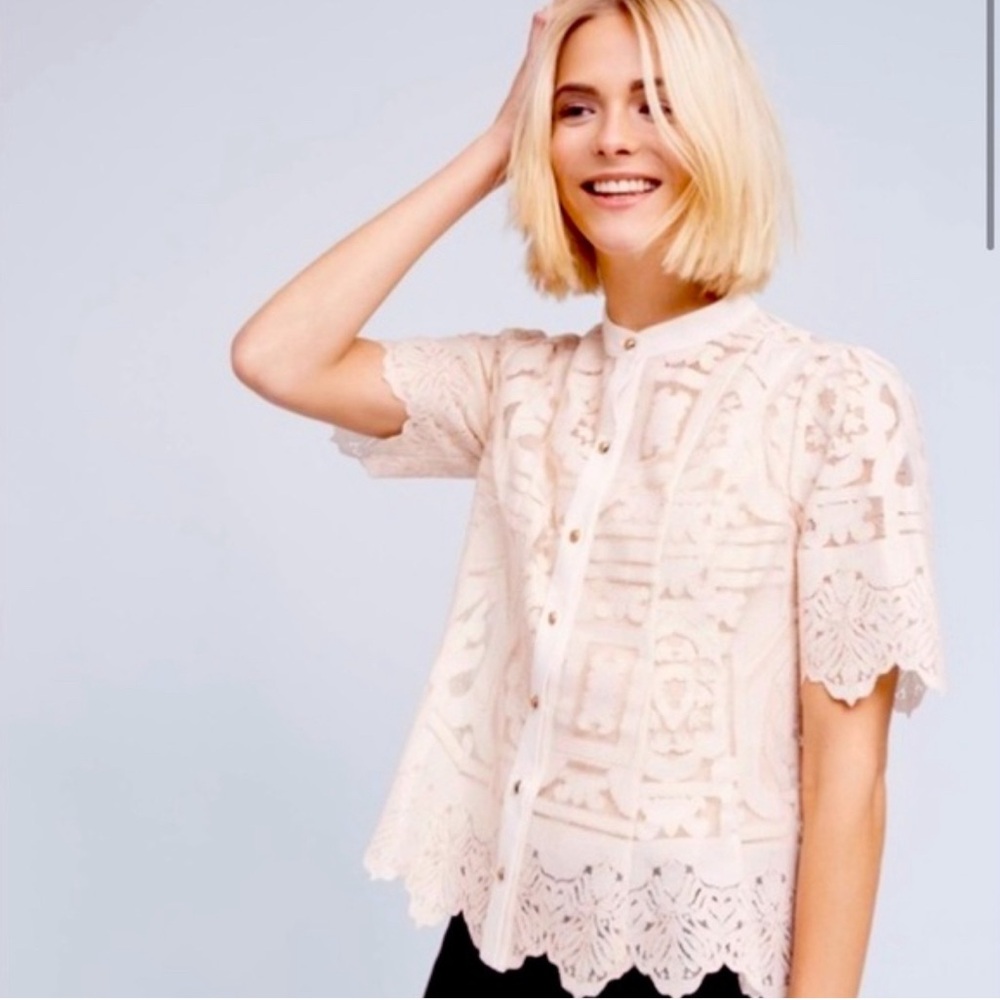 Anthropologie Floreat White Lace Button Down Top